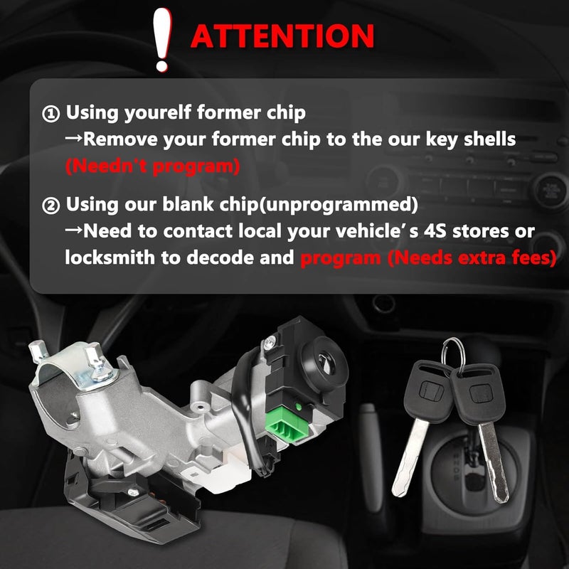 RAMATA Ignition Switch Lock Cylinder with Key (with Blank Chip) Compatible with 2003 2004 2005 Honda Civic 1.3L, 2001 2002 2003 2004 2005 Honda Civic 1.7L - Image 5